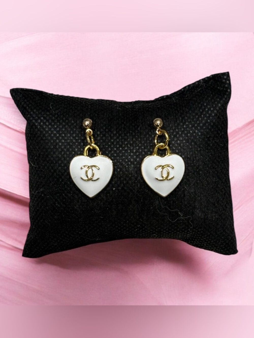 CC Upcycled Stamped White Heart Dangle Earrings with Gold CC Logo